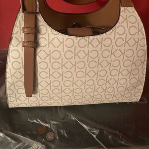 Calvin Klein Cream and Brown Monogram Shoulder Bag